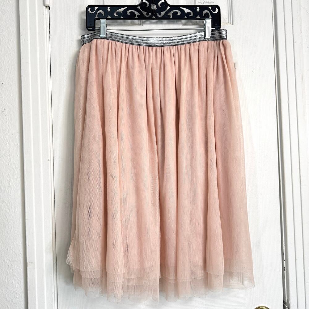 Pink Layered Tulle Midi Skirt Size L Metallic Waistband Balletcore Feminine